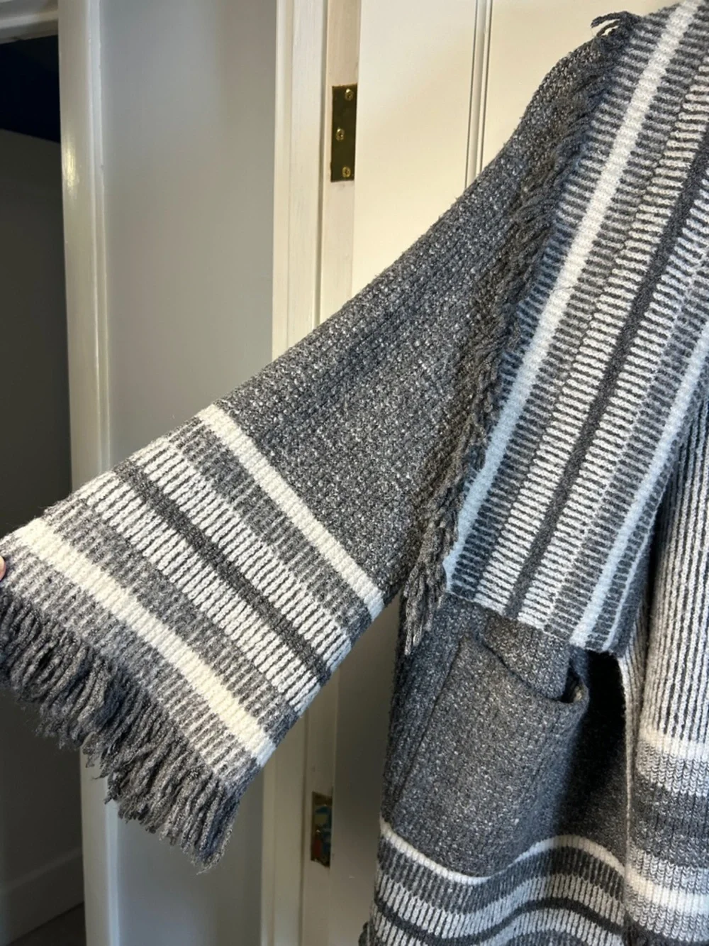 Anthro saturday sunday Kimono fringe cardigan Grey/cream Up TO XL Cozi boho